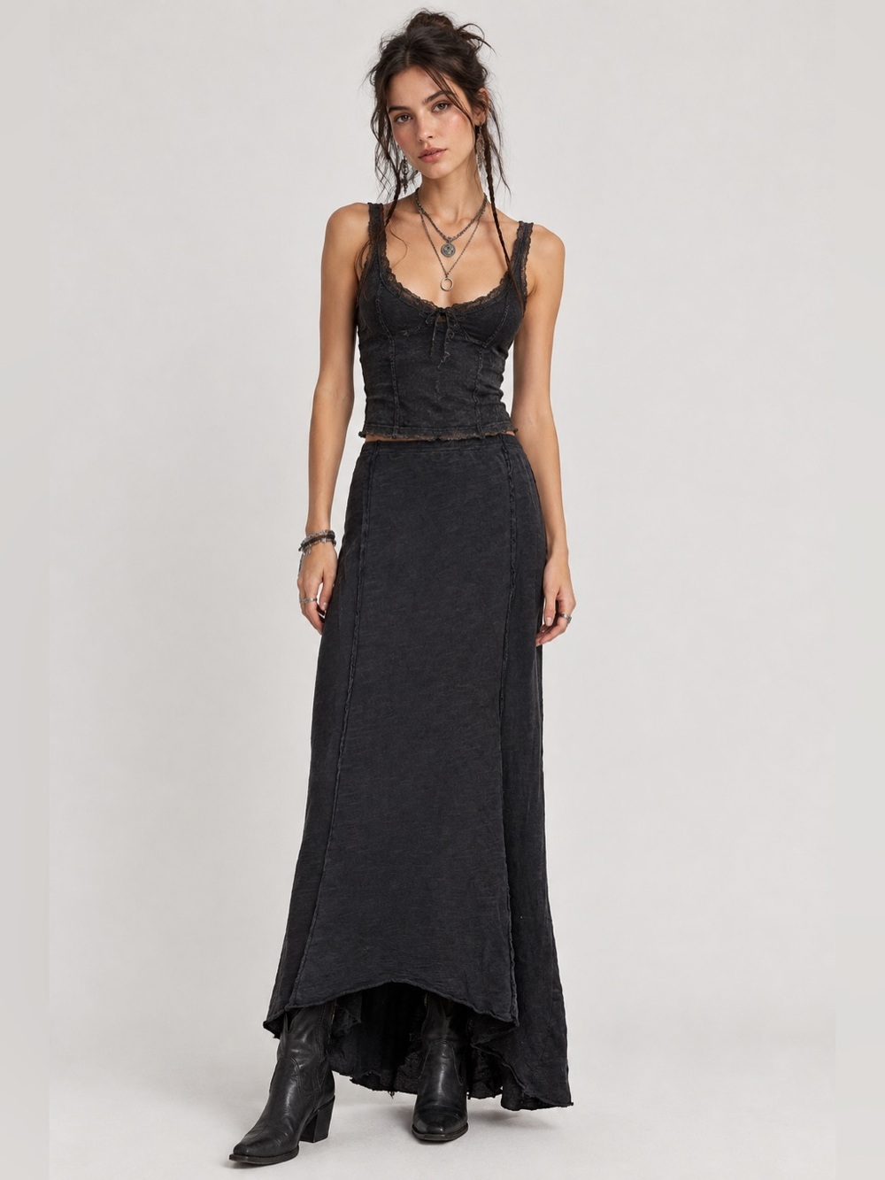 Free People Beach High Low Maxi Skirt Medium Black Whimsigoth Festival Lagenlook